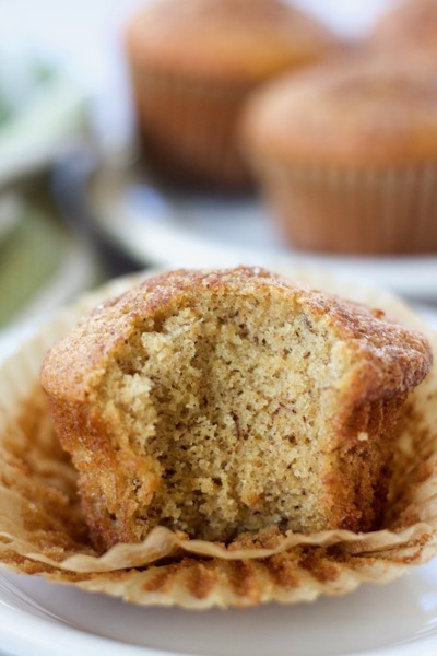 A big bite out of a tender cinnamon banana muffin