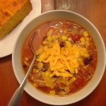 spicy chicken soup with beans, corn, and salsa
