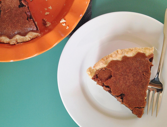 a wedge of chocolate chess pie
