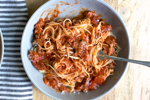 Nana's spaghetti sauce is thick, meaty, and hearty, and I love to make a big batch and stock my freezer with it!