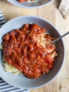 Nana's spaghetti sauce is thick, meaty, and hearty!