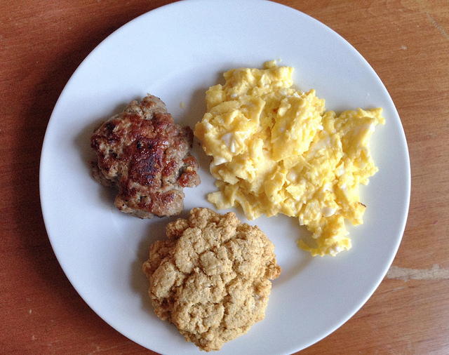 homemade breakfast sausage, cornmeal maple drop biscuit, scrambled eggs