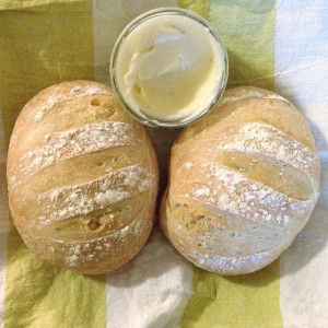 crusty no-knead bread with salty honey butter