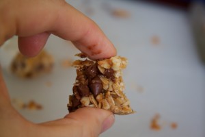 a bite of chocolate chip granola bar