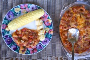 rustic tomato bake, corn, and fish for dinner