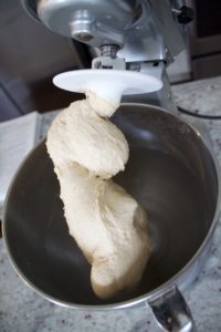dough on the dough hook for homemade pizza