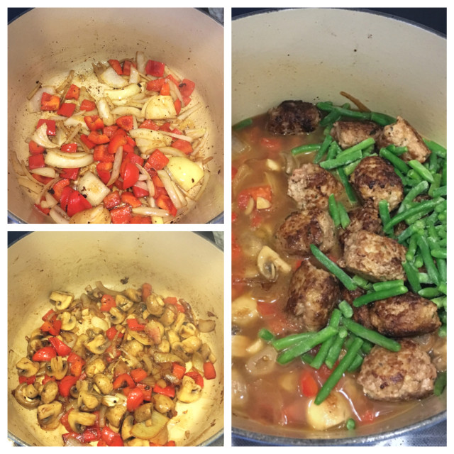 adding ingredients to meatball stew
