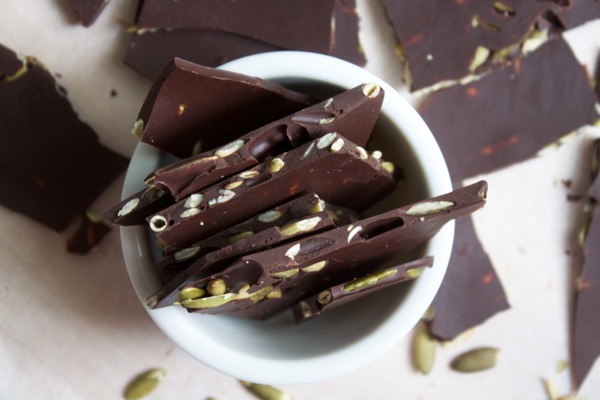 Salted dark chocolate pumpkin seed bark is the perfect crunchy bite to satisfy your fall sweet tooth!