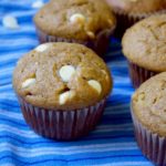 Pumpkin white chocolate chip muffins are moist and cakey, warmly spiced, and studded with white chocolate chips for extra sweetness.