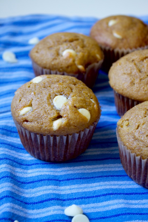 Pumpkin white chocolate chip muffins are moist and cakey, warmly spiced, and studded with white chocolate chips for extra sweetness.