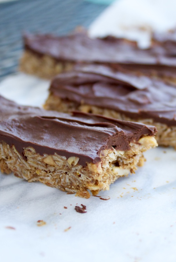 Chewy chocolate peanut butter flax granola bars taste like a candy bar, but are full of healthy ingredients!