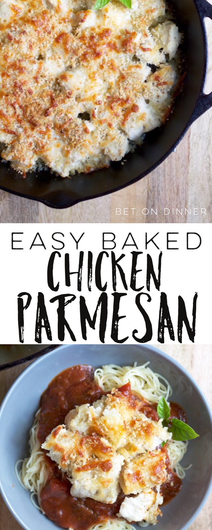 Easy baked chicken parmesan features seared bite-sized pieces of chicken covered with a bread crumbs and cheese topping! So crispy...so cheesy...so easy!