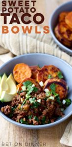 Veggie-packed taco bowls with roasted sweet potatoes are a great Whole30-approved dinner or meal prep dish!