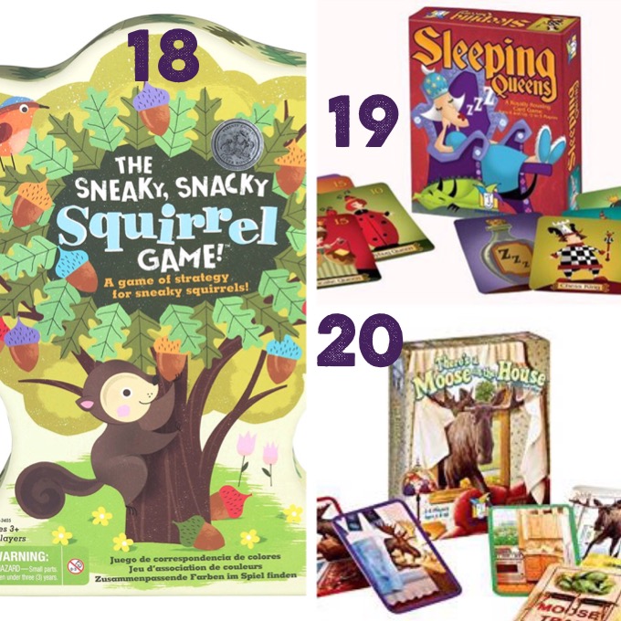 Sneaky Snacky Squirrel game, Sleeping Queens game, There's a Moose in the House game