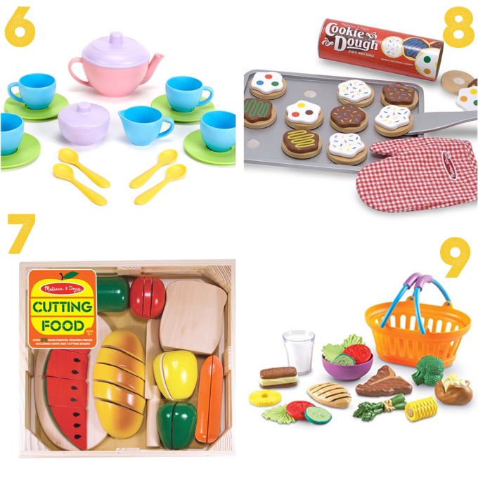sturdy plastic tea set, cutting food, slice and bake cookies, a basket of play food