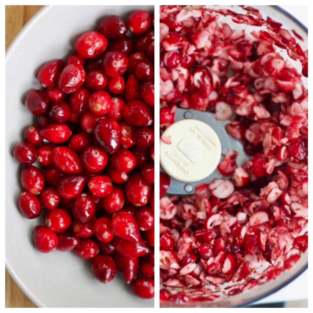 bright red cranberries in a bowl and chopped in the food processor for fresh cranberry bread