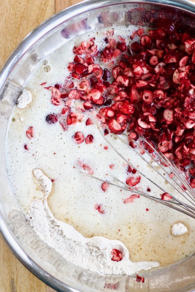 Mixing the batter for fresh cranberry bread.