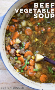 Beef vegetable soup is full of tender beef, lots of different textures with the vegetables, and a rich, savory broth.